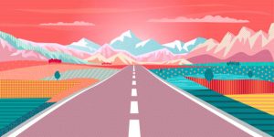 Illustration of a straight road heading to a distant mountain range.