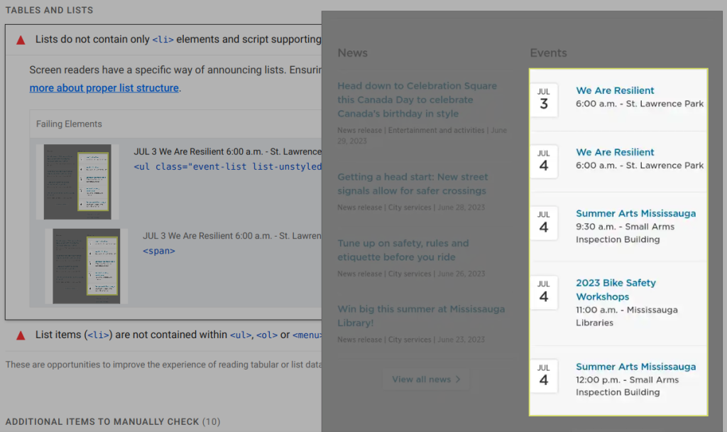 An example of a Lighthouse report drilling down on an accessibility issue, in this case lists containing more than just <li> elements.