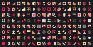 Geometric patterns representing various logotypes.